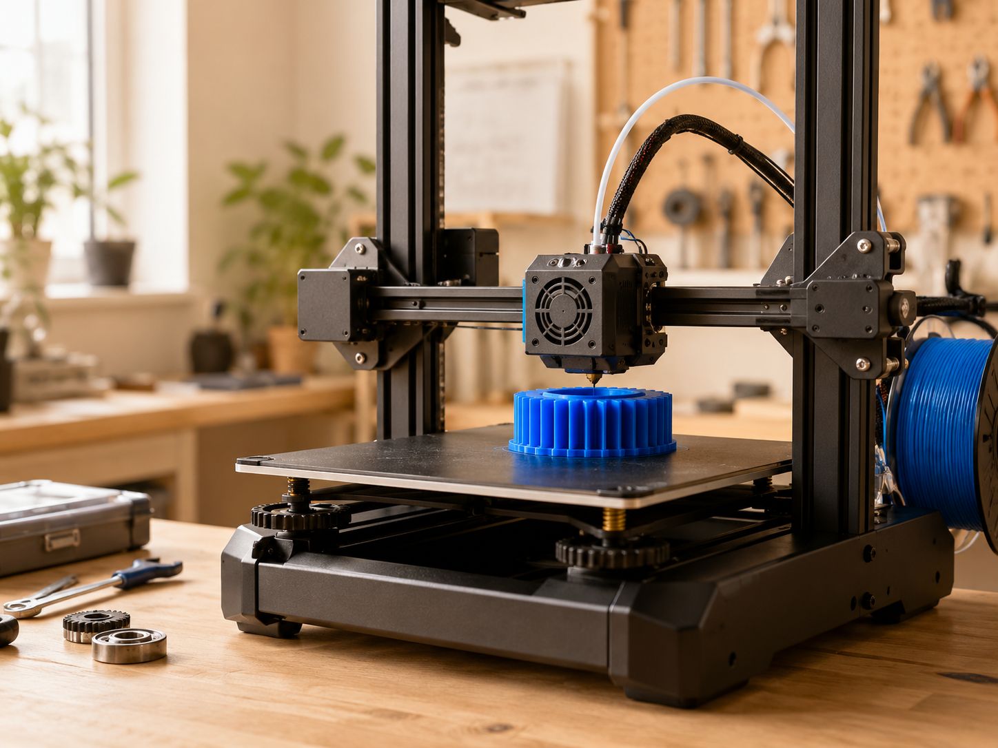 Imprimante 3D imprimant un engrenage bleu dans l'atelier Répar3D